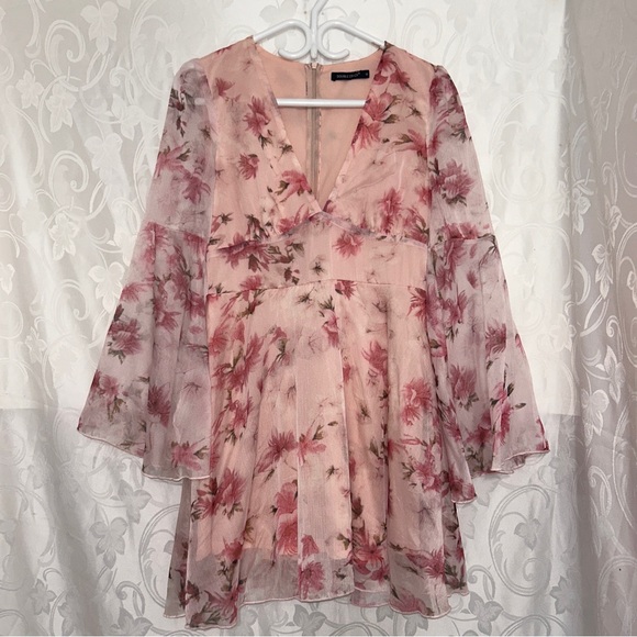 Double Crazy Pink Feminine Fairy Floral Sheer Long Bell Sleeve Flowy Dress - Picture 10 of 12